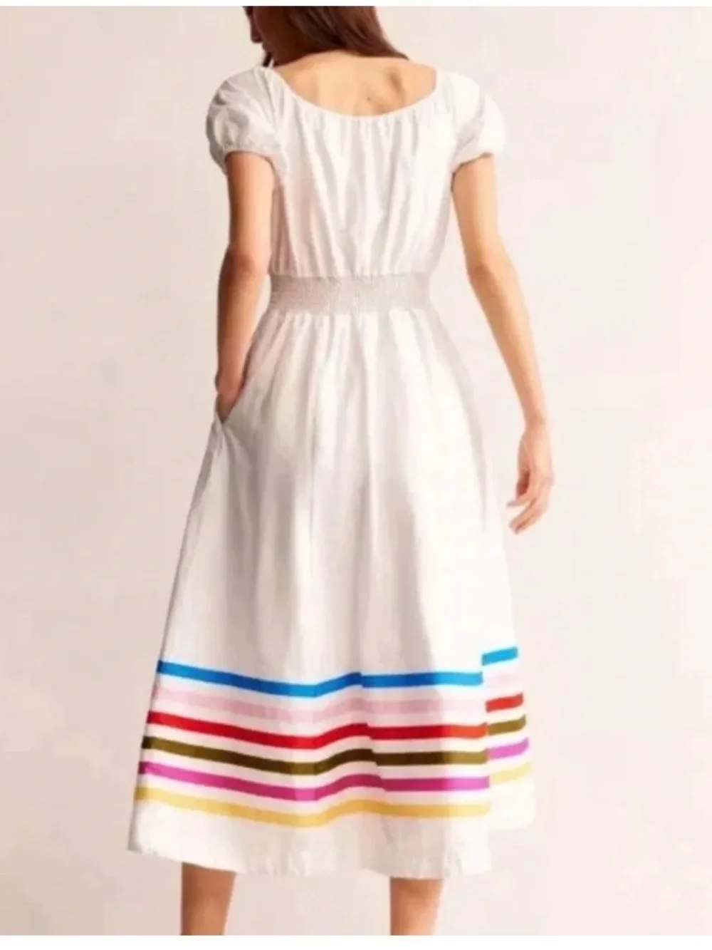 BODEN White Cotton Dress Colorful Stripes Puff Sleeve Size 4 - Picture 2 of 6